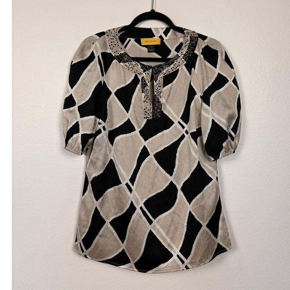 St. John Silk Blend Geometric Jeweled Collar Puff Sleeve Short Sleeve Blouse S